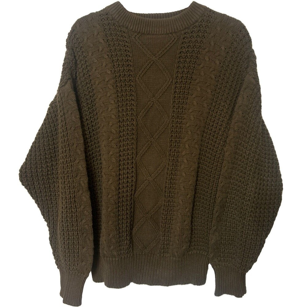 VTG Pure Stuff Mens L 100% Cotton Brown Cable Knit Diamond Sweater Hong kong